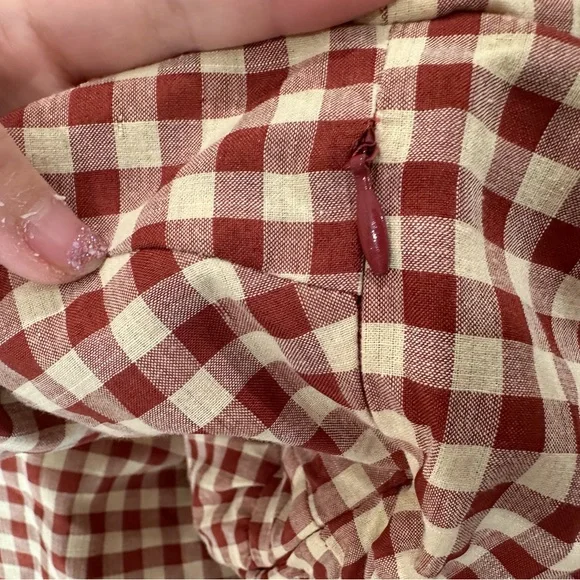 NWT En Saison Juni Gingham Bubble Sleeve Tie-Back Midi Dress Brick Womens L - Picture 8 of 10